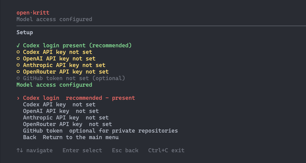open·kritt CLI setup screen showing credential status