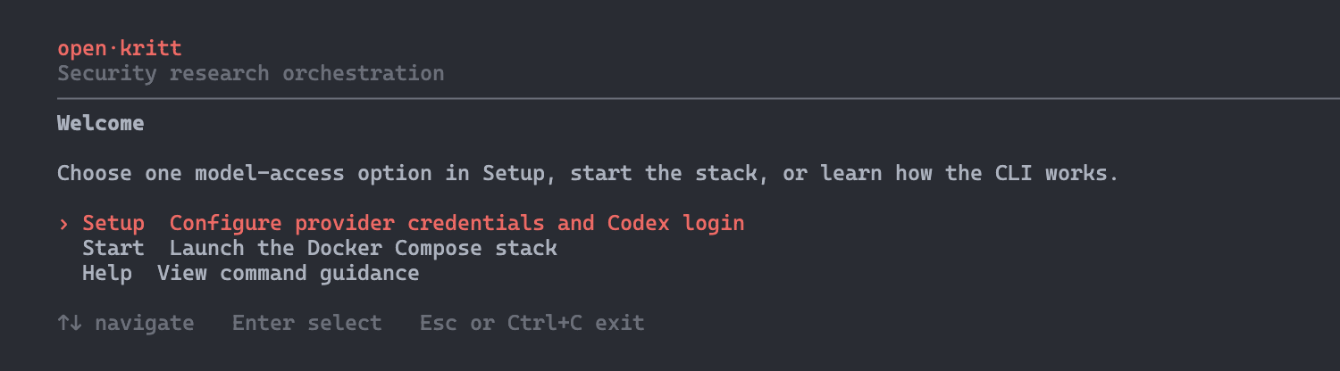 open·kritt interactive CLI home screen